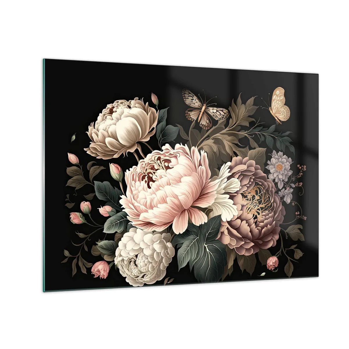 Obraz na skle - Květinová kompozice s motýly na černém pozadí - 70x50cm - V barokním stylu - Moderní nástěnná dekorace do obývacího pokoje a ložnice ARTTOR