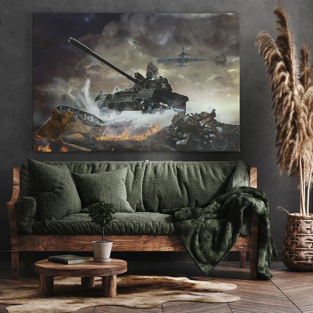 Obraz na plátně - Bojová scéna s tanky a letadly v pozadí - 70x50cm - Bitva je hrozná a krásná - Moderní nástěnná dekorace do obývacího pokoje a ložnice ARTTOR