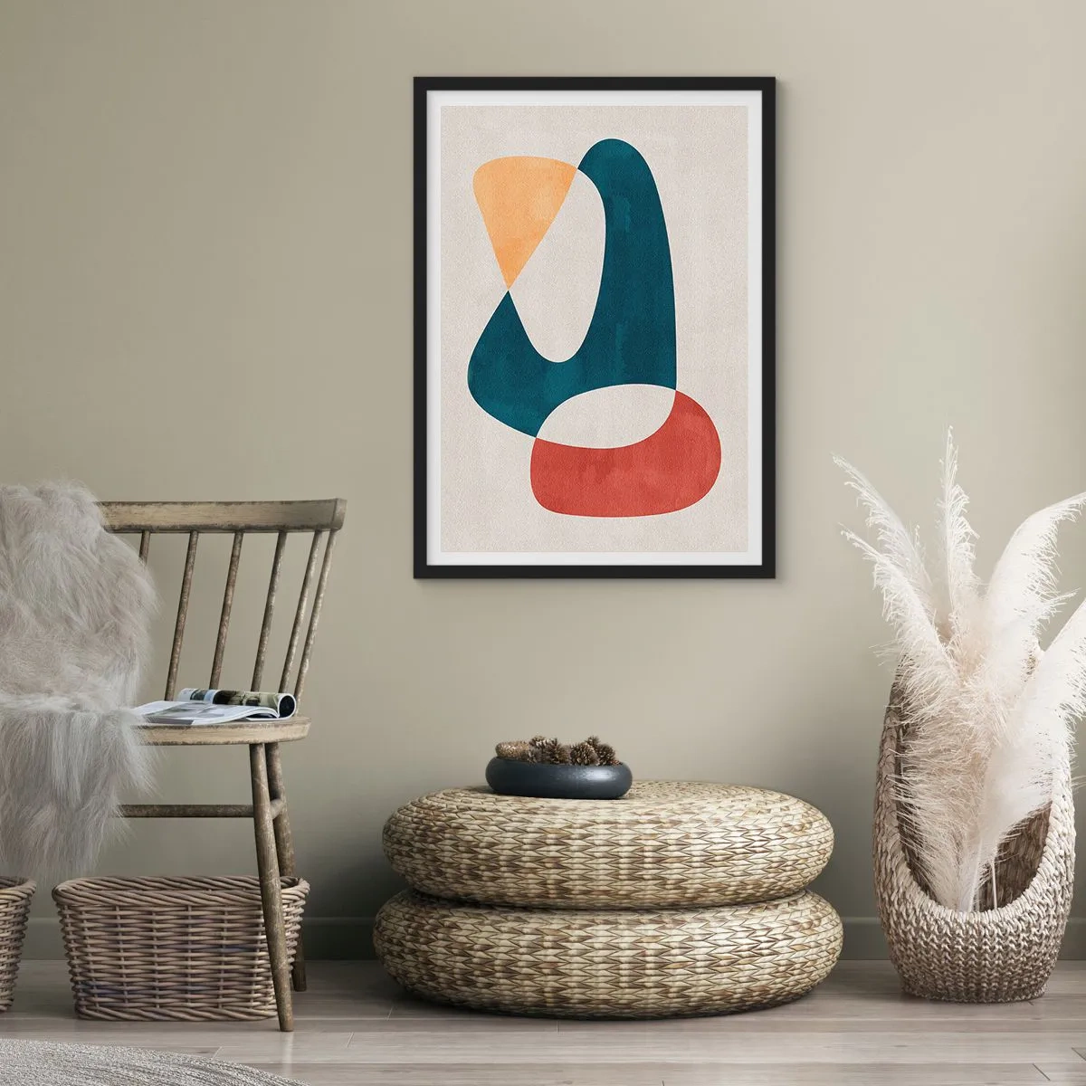 Plakát v černém rámu - Abstraktní kompozice geometrických tvarů v teplých barvách. - 50x70cm - Vlivy a metamorfózy - Moderní nástěnná dekorace do obývacího pokoje a ložnice ARTTOR