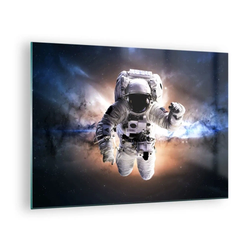 Obraz na skle - Astronaut ve vesmíru s galaxií v pozadí - 70x50cm - Pozdravy z vesmíru - Moderní nástěnná dekorace do obývacího pokoje a ložnice ARTTOR
