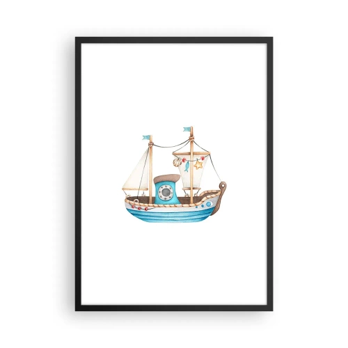 Plakát v černém rámu - Akvarelová loď v pastelových odstínech modré a béžové - 50x70cm - Ahoj, dobrodružství! - Moderní nástěnná dekorace do obývacího pokoje a ložnice ARTTOR