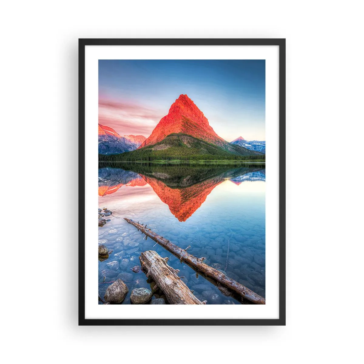 Plakát v černém rámu - Hora se odráží v klidném jezeře - 50x70cm - Teplo a chlad - Moderní nástěnná dekorace do obývacího pokoje a ložnice ARTTOR