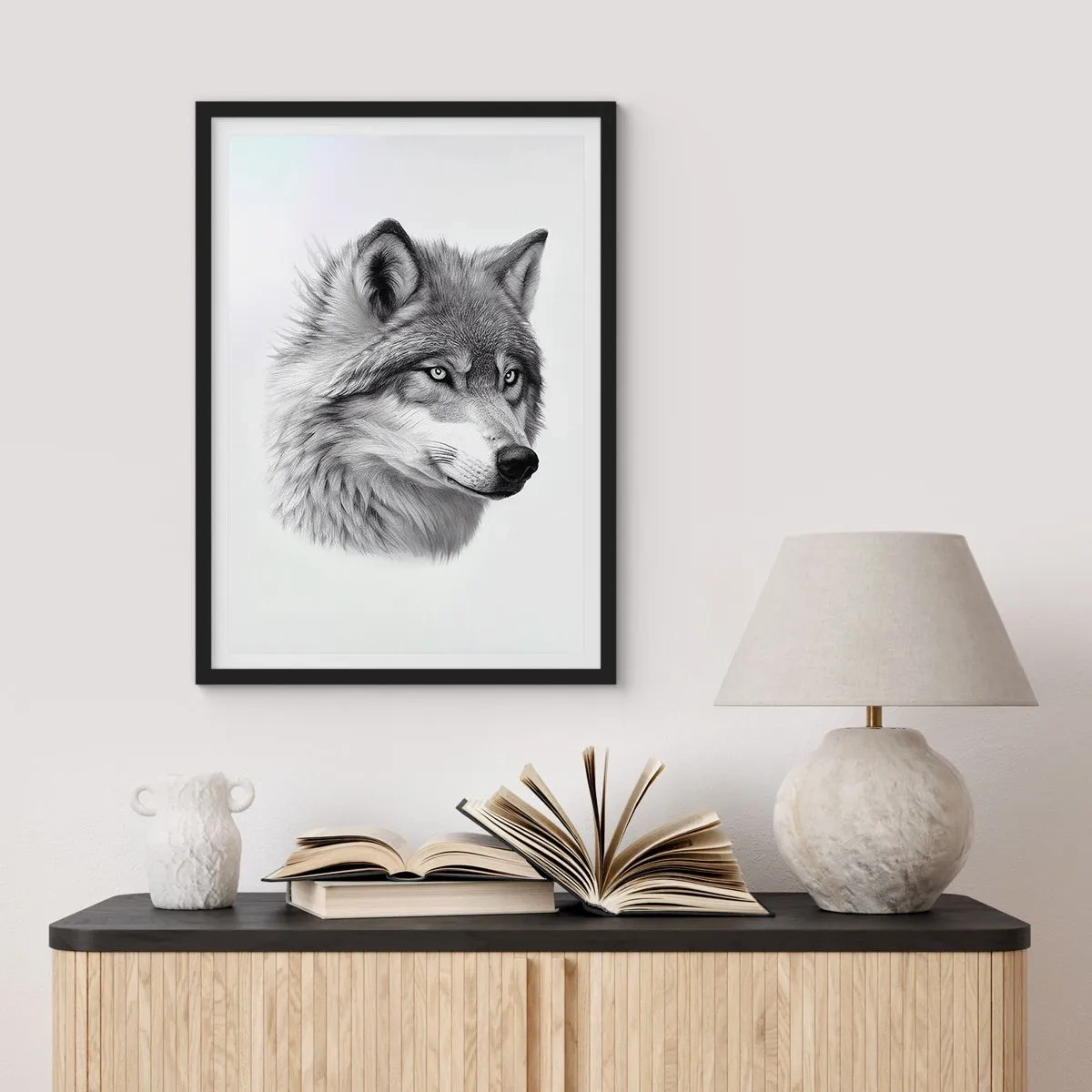 Plakát v černém rámu - Realistický portrét vlka v odstínech šedé. - 50x70cm - Alfa – bezpochybně - Moderní nástěnná dekorace do obývacího pokoje a ložnice ARTTOR
