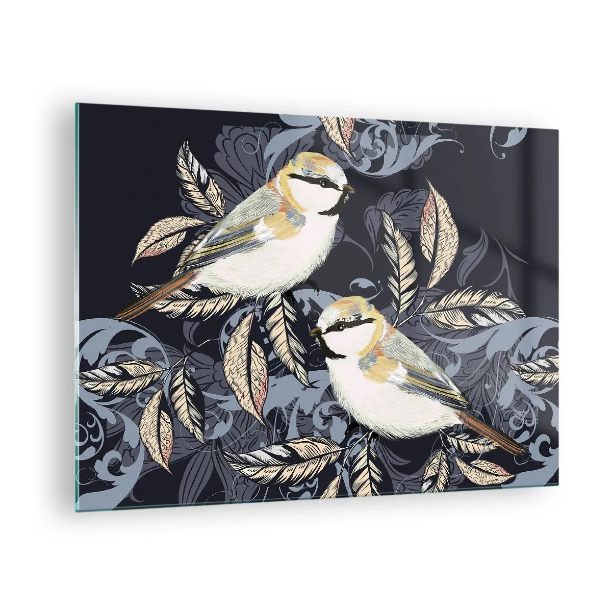 Obraz na skle - Ilustrace dvou ptáků na tmavém pozadí s ornamenty - 70x50cm - Žlutomodrá píseň - Moderní nástěnná dekorace do obývacího pokoje a ložnice ARTTOR