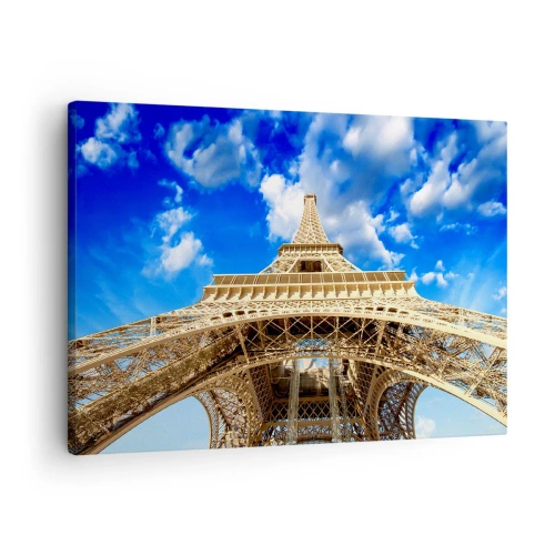 Obraz na plátně - Eiffelova věž zdola proti modré obloze - 70x50cm - Dosáhnout na oblohu a mraky - Moderní nástěnná dekorace do obývacího pokoje a ložnice ARTTOR