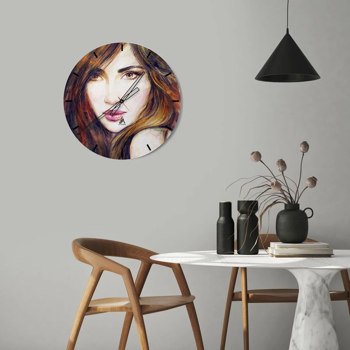 Nástěnné hodiny - Portrét ženy v uměleckém, malířském stylu - 30x30cm - Centík za tvé myšlenky - Moderní nástěnná dekorace do obývacího pokoje, kuchyně a ložnice ARTTOR