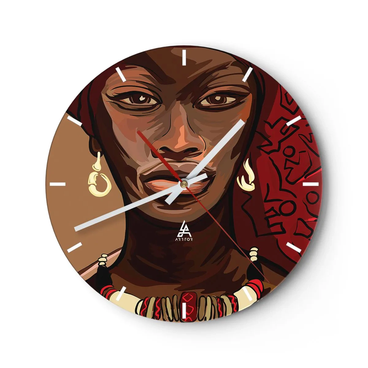 Nástěnné hodiny - Portrét ženy v africkém stylu s červenými akcenty - 30x30cm - Ebenová Venuše - Moderní nástěnná dekorace do obývacího pokoje, kuchyně a ložnice ARTTOR