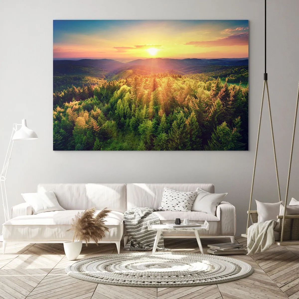Obraz na skle - Západ slunce nad horským lesem s výhledem do údolí - 70x50cm - Vrcholky a vrcholy - Moderní nástěnná dekorace do obývacího pokoje a ložnice ARTTOR