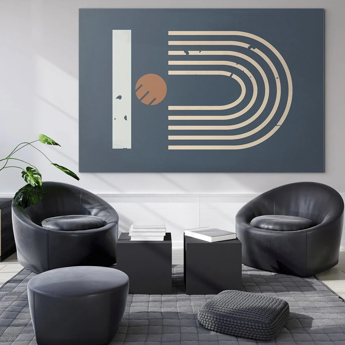 Obraz na skle - Geometrické retro složení na tmavém pozadí - 70x50cm - Geometrie v námořnické modři - Moderní nástěnná dekorace do obývacího pokoje a ložnice ARTTOR