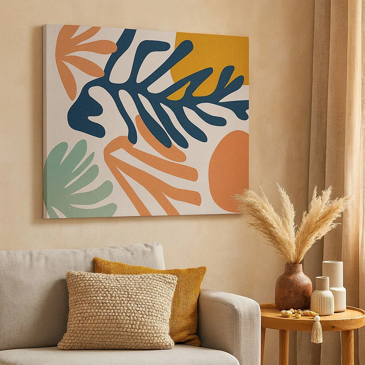 Obraz na plátně - Barevné listí v abstraktním stylu - 70x50cm - Korálová moře - Moderní nástěnná dekorace do obývacího pokoje a ložnice ARTTOR