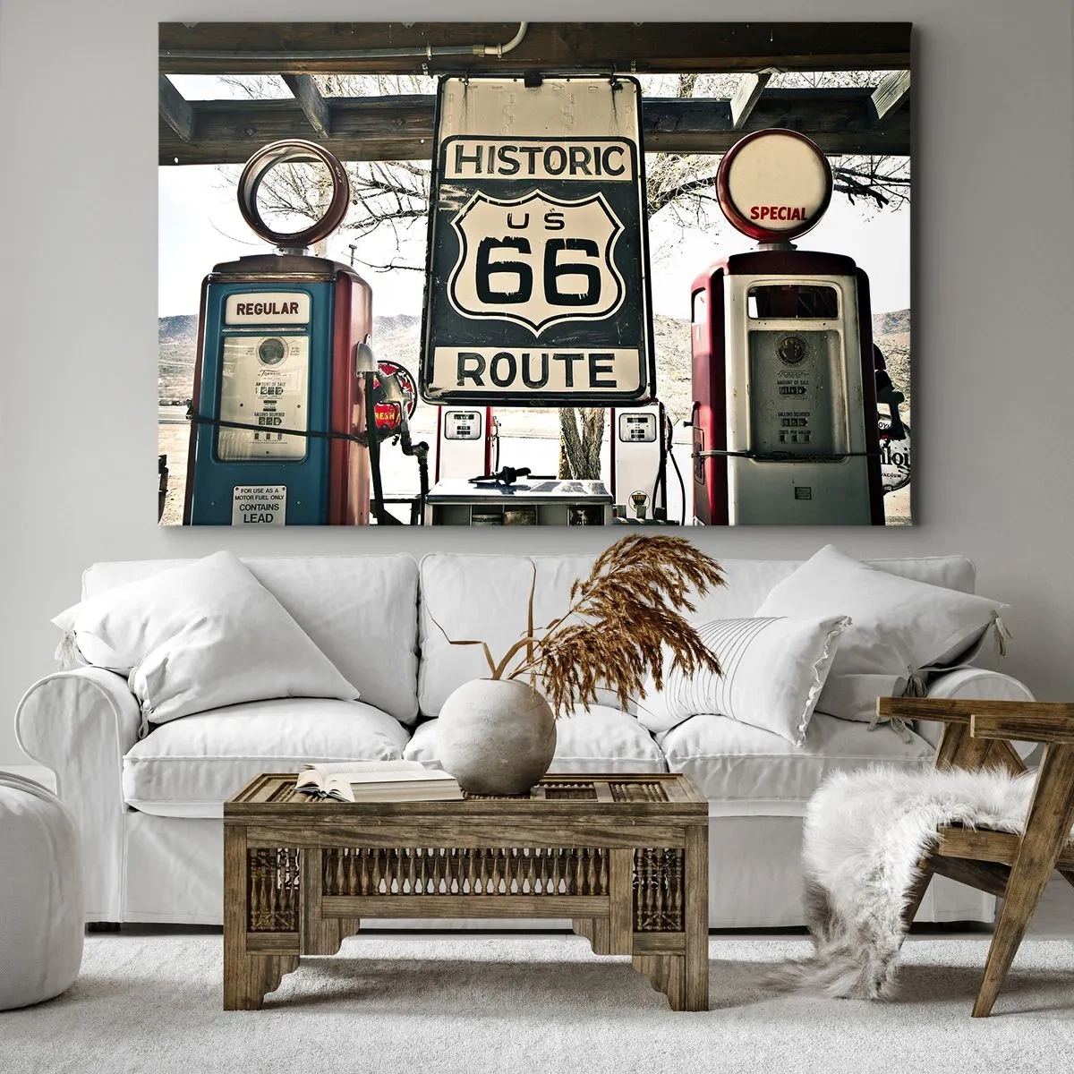 Obraz na plátně - Historická čerpací stanice Route 66 - 70x50cm - Americká retro cesta - Moderní nástěnná dekorace do obývacího pokoje a ložnice ARTTOR
