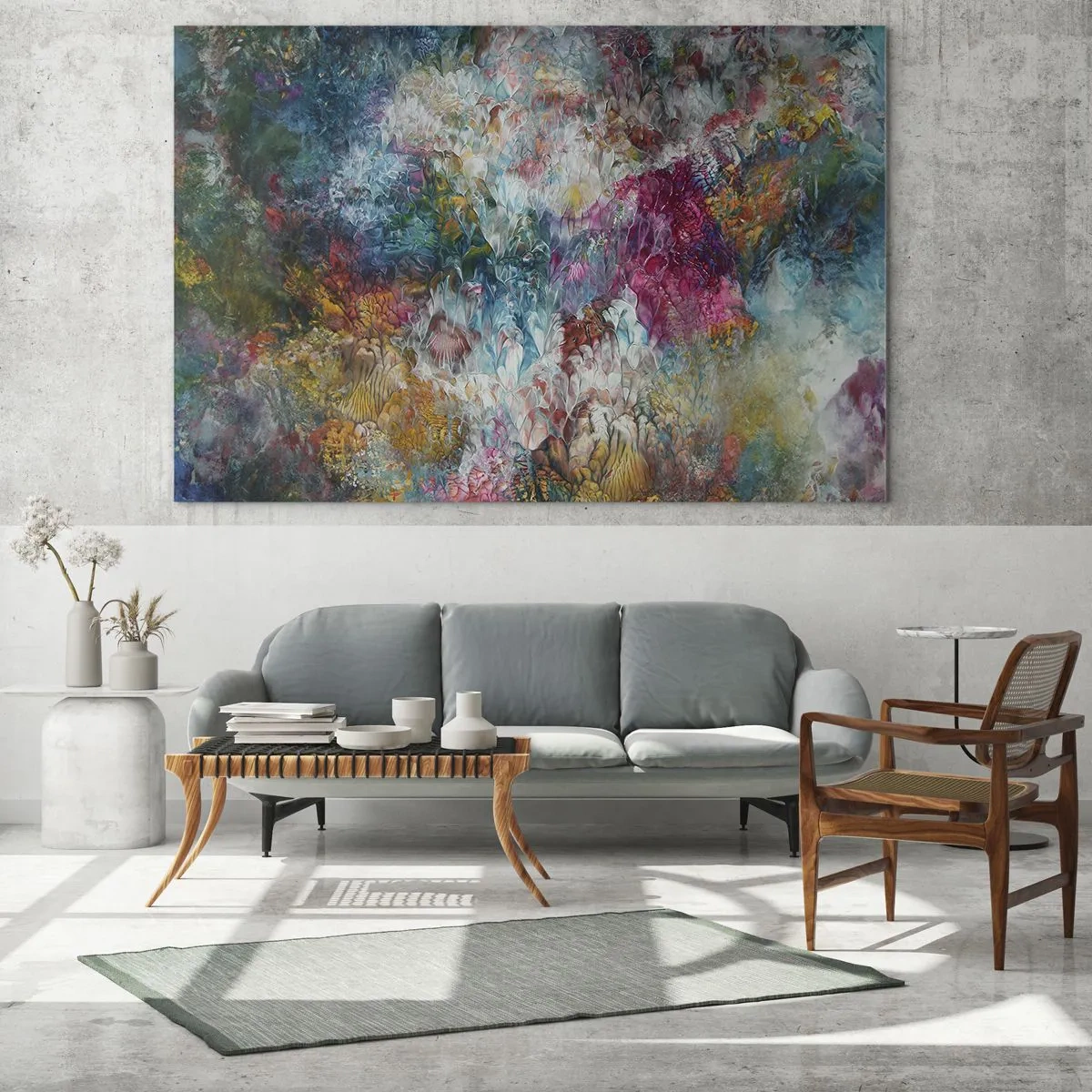 Obraz na skle - Abstraktní kompozice barevných květin v intenzivních barvách. - 70x50cm - V plném rozkvětu - Moderní nástěnná dekorace do obývacího pokoje a ložnice ARTTOR