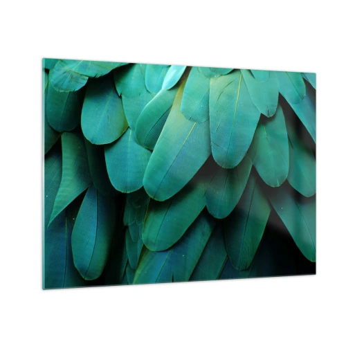 Obraz na skle - Detailní záběr na sytě zelené peří papouška. - 70x50cm - Přesnost papouščí povahy - Moderní nástěnná dekorace do obývacího pokoje a ložnice ARTTOR