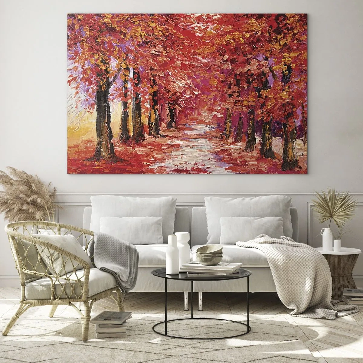 Obraz na skle - Malebná ulička v podzimních barvách plná teplých odstínů - 70x50cm - Podzimní imprese - Moderní nástěnná dekorace do obývacího pokoje a ložnice ARTTOR