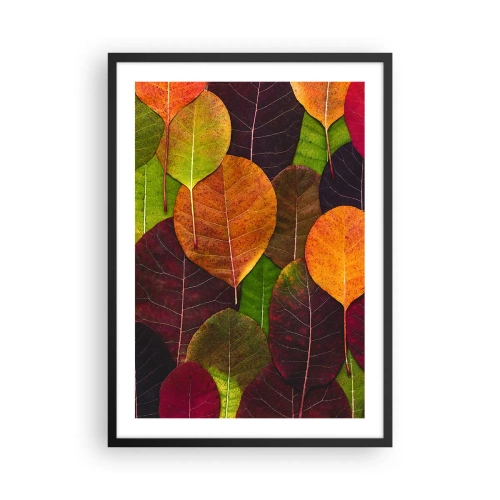 Plakát v černém rámu - Barevné listy v odstínech zelené, oranžové a červené uspořádané do mozaikového vzoru - 50x70cm - Podzimní mozaika - Moderní nástěnná dekorace do obývacího pokoje a ložnice ARTTOR