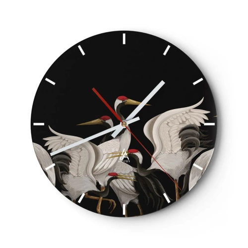 Nástěnné hodiny - Skupina jeřábů na černém pozadí ve stylizované ilustraci - 30x30cm - Ptačí záležitosti - Moderní nástěnná dekorace do obývacího pokoje, kuchyně a ložnice ARTTOR