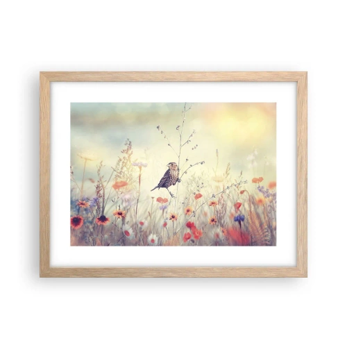Plakát v rámu světlý dub - Portrét ptáka s loukou v pozadí - 40x30 cm