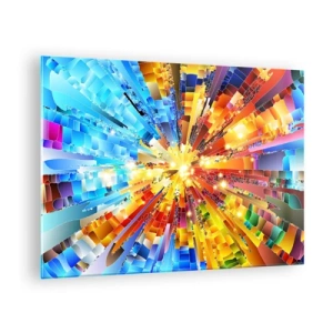 Obraz na skle - Abstraktní exploze barev v dynamické, geometrické kompozici. - 70x50cm - In medias res - Moderní nástěnná dekorace do obývacího pokoje a ložnice ARTTOR