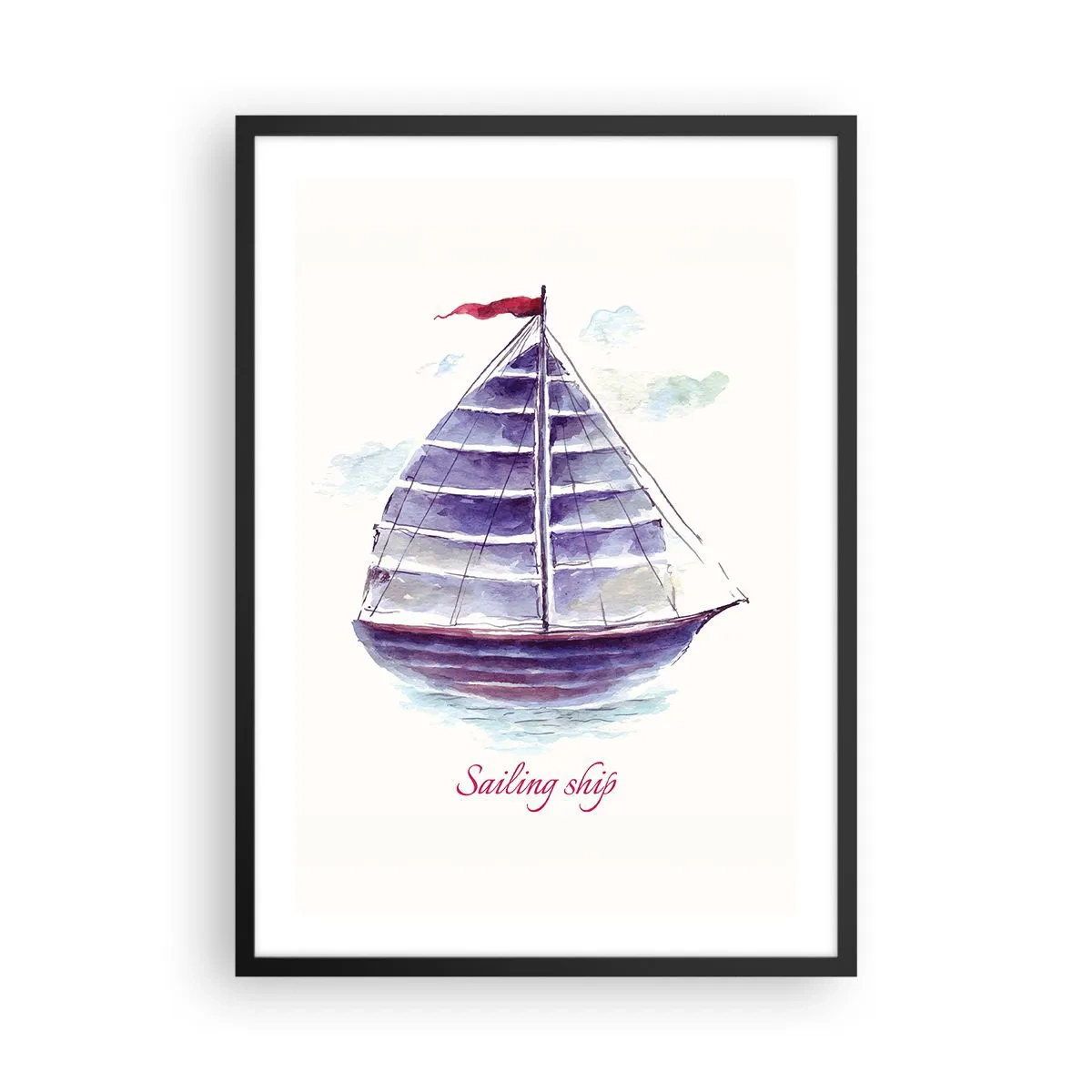 Plakát v černém rámu - Akvarelová ilustrace plachetnice na klidné vodě - 50x70cm - Napnuté plachty a klidná voda - Moderní nástěnná dekorace do obývacího pokoje a ložnice ARTTOR