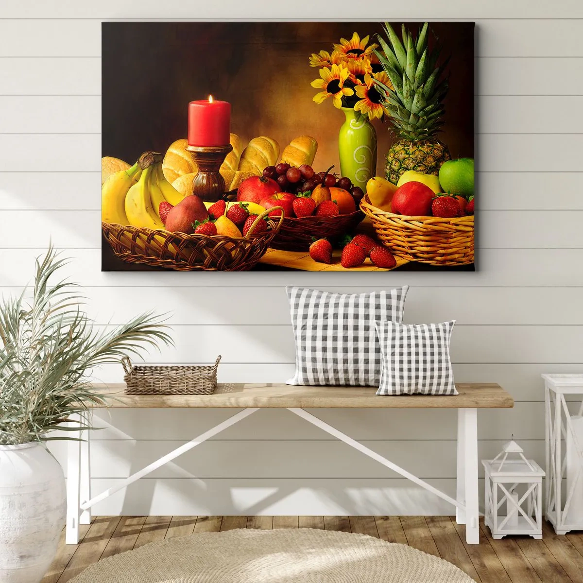 Obraz na plátně - Zátiší s ovocem, chlebem, svíčkou a květinami - 70x50cm - Zátiší s pečivem a ovocem - Moderní nástěnná dekorace do obývacího pokoje a ložnice ARTTOR