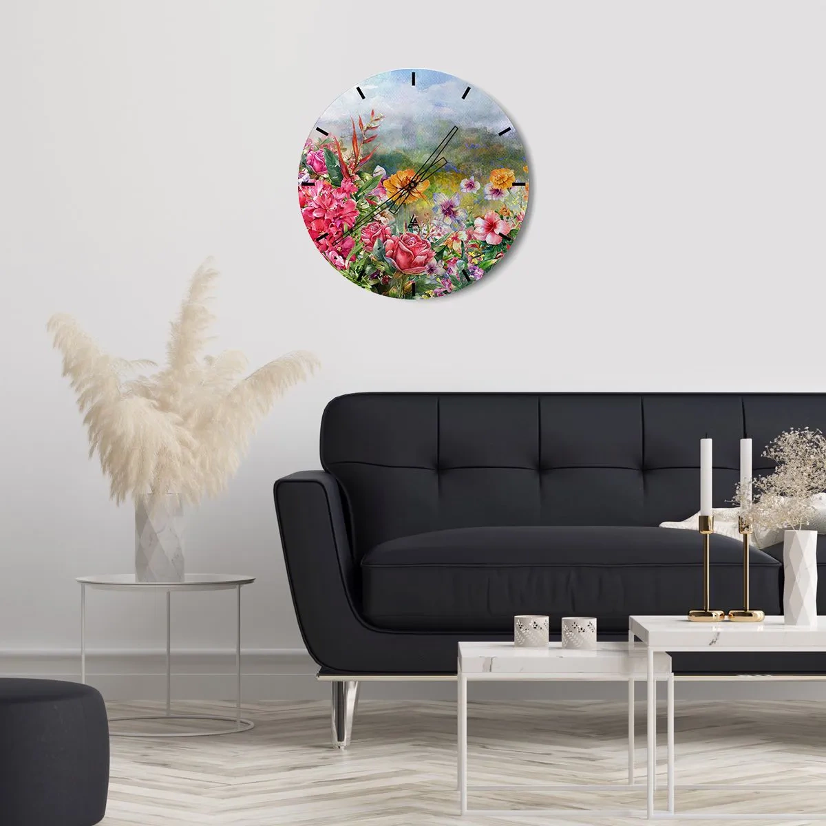 Nástěnné hodiny - Barevná zahrada plná květin na pozadí krajiny - 30x30cm - Zahrada, která se zbláznila - Moderní nástěnná dekorace do obývacího pokoje, kuchyně a ložnice ARTTOR
