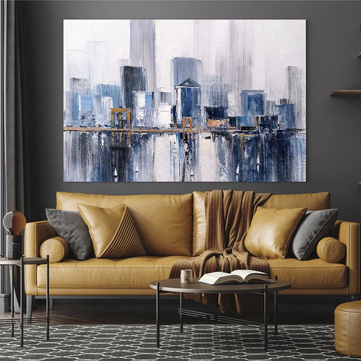Obraz na skle - Abstraktní panorama města s mrakodrapy a mostem v chladných barvách - 70x50cm - Newyorská imprese - Moderní nástěnná dekorace do obývacího pokoje a ložnice ARTTOR