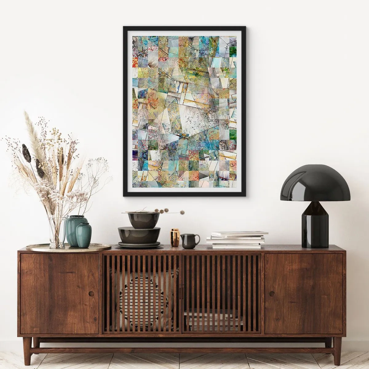 Plakát v černém rámu - Abstraktní mozaika geometrických tvarů v zemitých tónech. - 50x70cm - Geometrické přeskupení - Moderní nástěnná dekorace do obývacího pokoje a ložnice ARTTOR