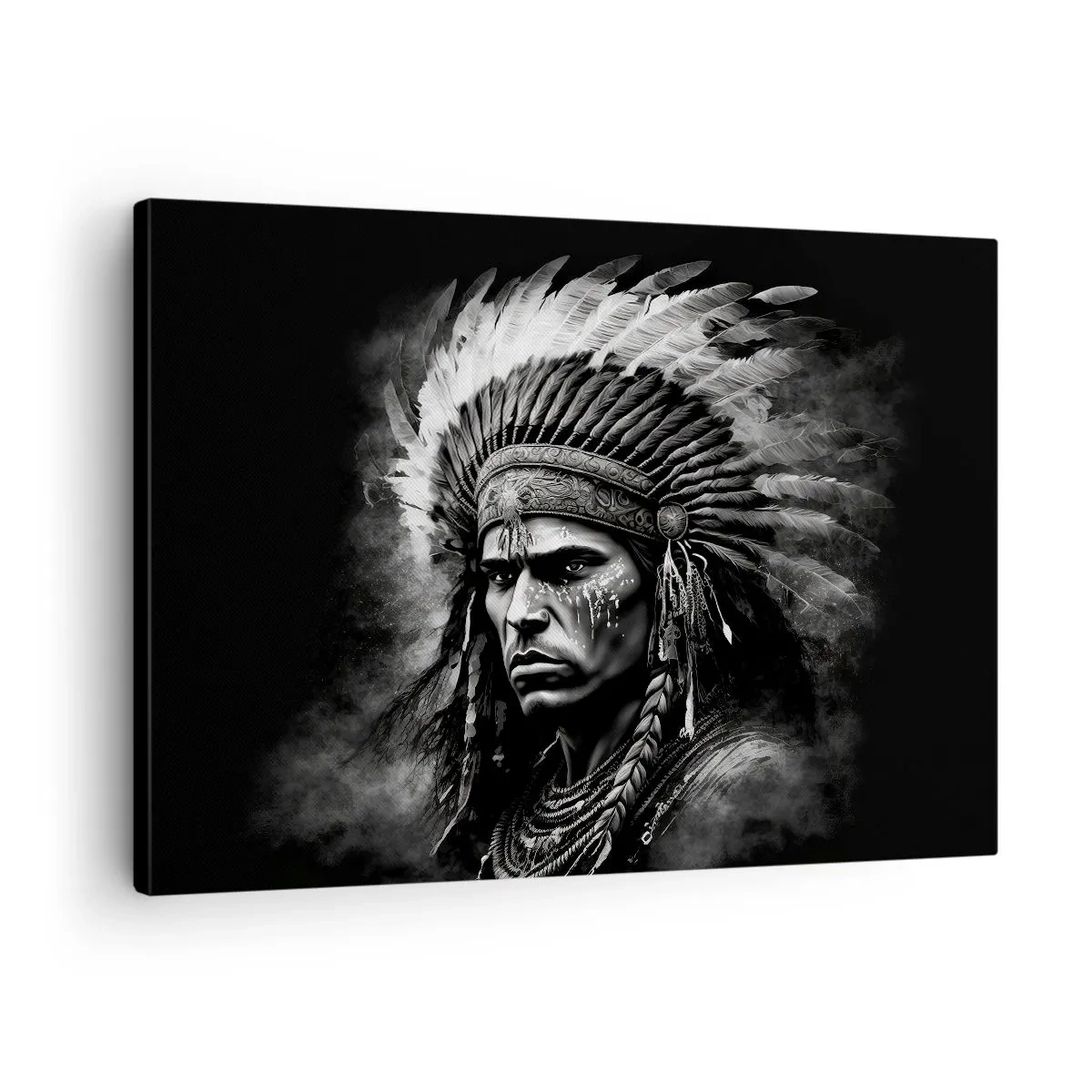 Obraz na plátně - Portrét náčelníka v opeřené čelence na černém pozadí - 70x50cm - Vůdce a bojovník - Moderní nástěnná dekorace do obývacího pokoje a ložnice ARTTOR