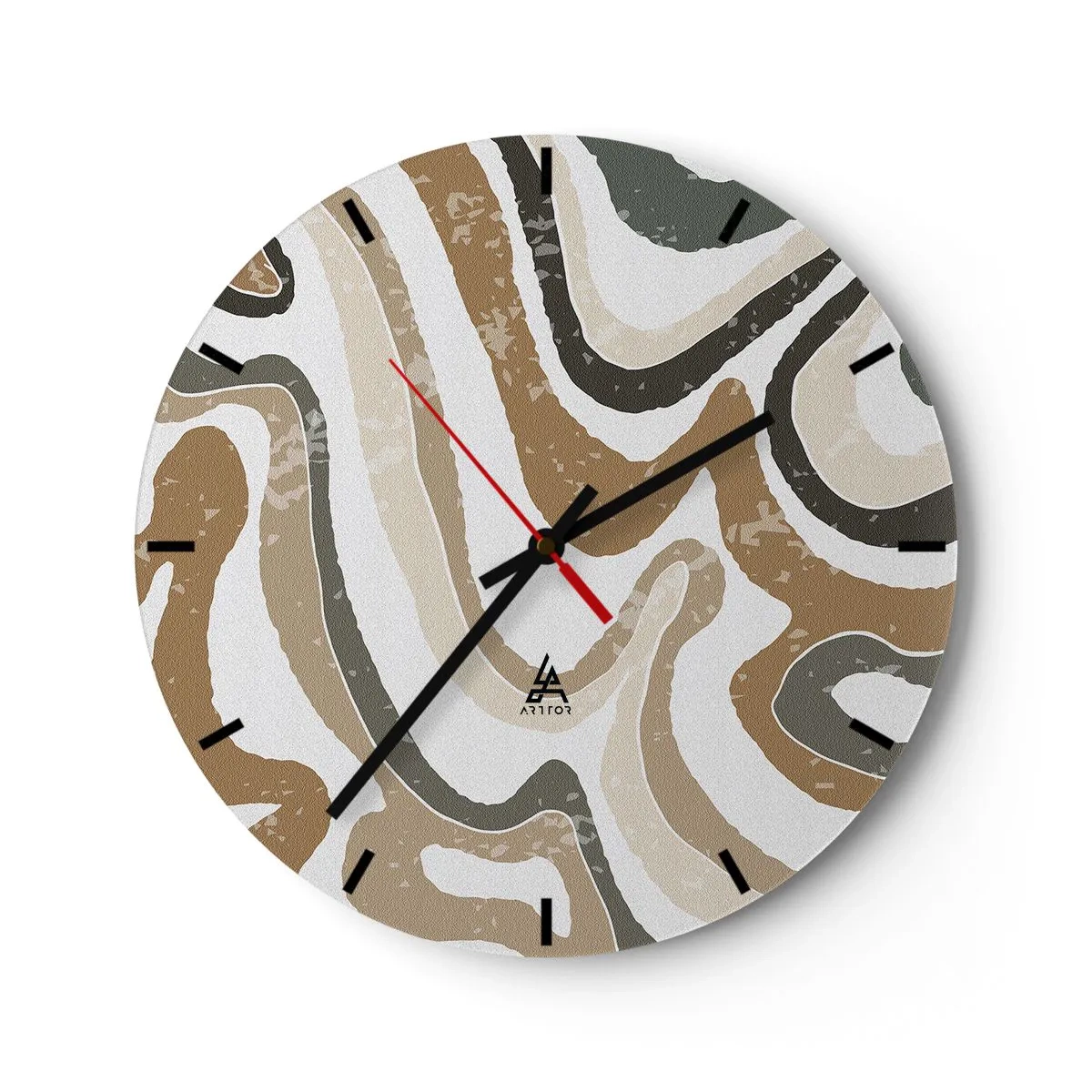 Nástěnné hodiny - Klikaté pruhy v zemitých tónech na bílém pozadí - 30x30cm - Meandry zemitých barev - Moderní nástěnná dekorace do obývacího pokoje, kuchyně a ložnice ARTTOR