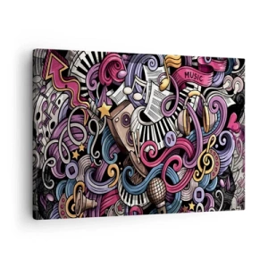 Obraz na plátně - Hudební abstrakce plná barevných nástrojů a not. - 70x50cm - Komplikovaná melodie - Moderní nástěnná dekorace do obývacího pokoje a ložnice ARTTOR