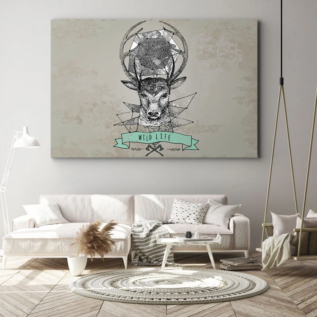 Obraz na plátně - Geometrie jelenů ve vintage stylu s nápisem Wild Life - 70x50cm - Vidění sv. Huberta - Moderní nástěnná dekorace do obývacího pokoje a ložnice ARTTOR
