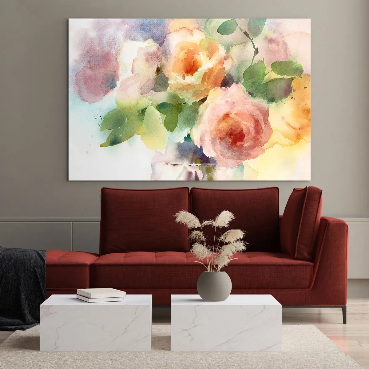 Obraz na skle - Akvarelová malba růží v jemných pastelových barvách. - 70x50cm - Jemné jako akvarel - Moderní nástěnná dekorace do obývacího pokoje a ložnice ARTTOR