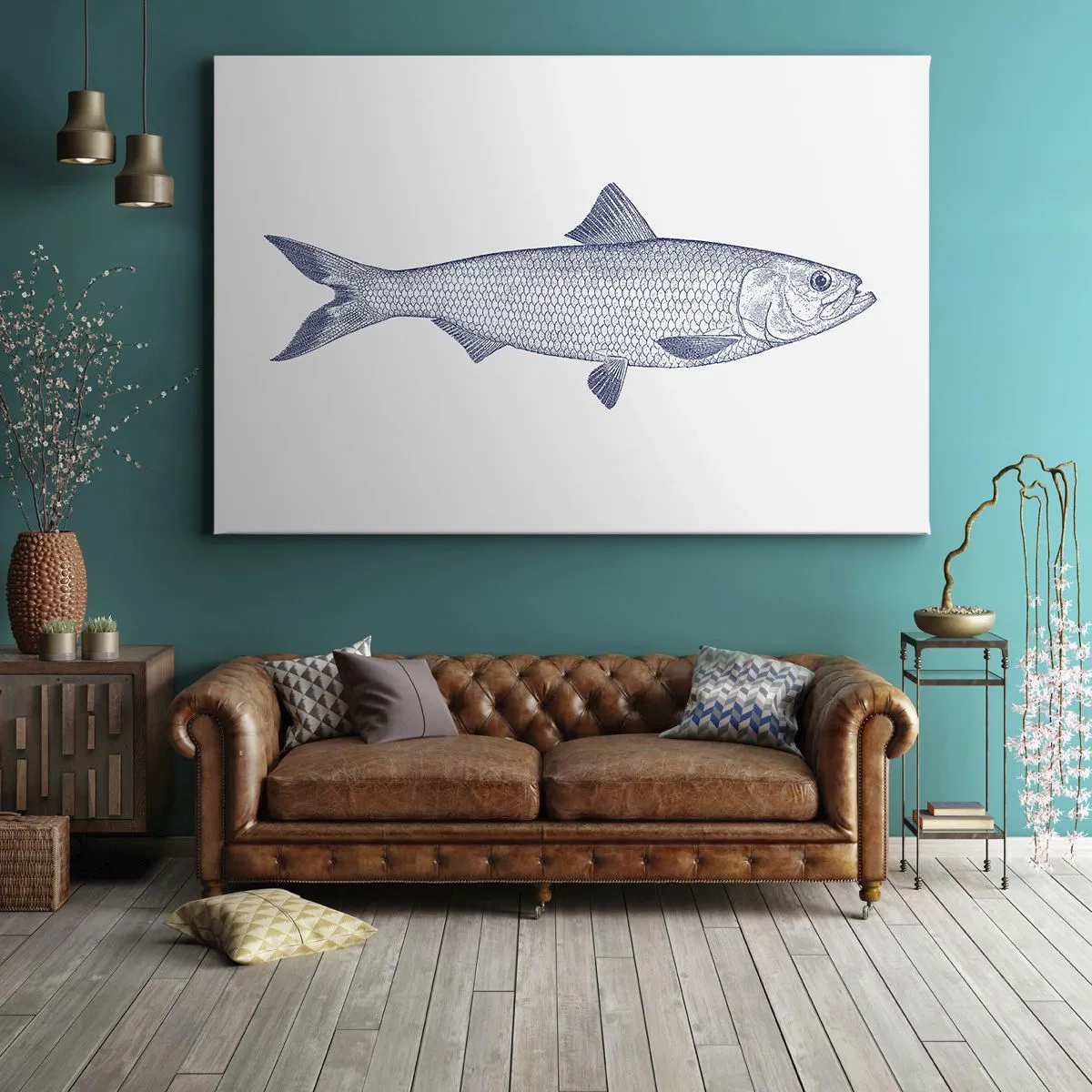 Obraz na plátně - Ilustrace ryby v odstínech modré na světlém pozadí - 70x50cm - Pozdravy ze severních moří - Moderní nástěnná dekorace do obývacího pokoje a ložnice ARTTOR