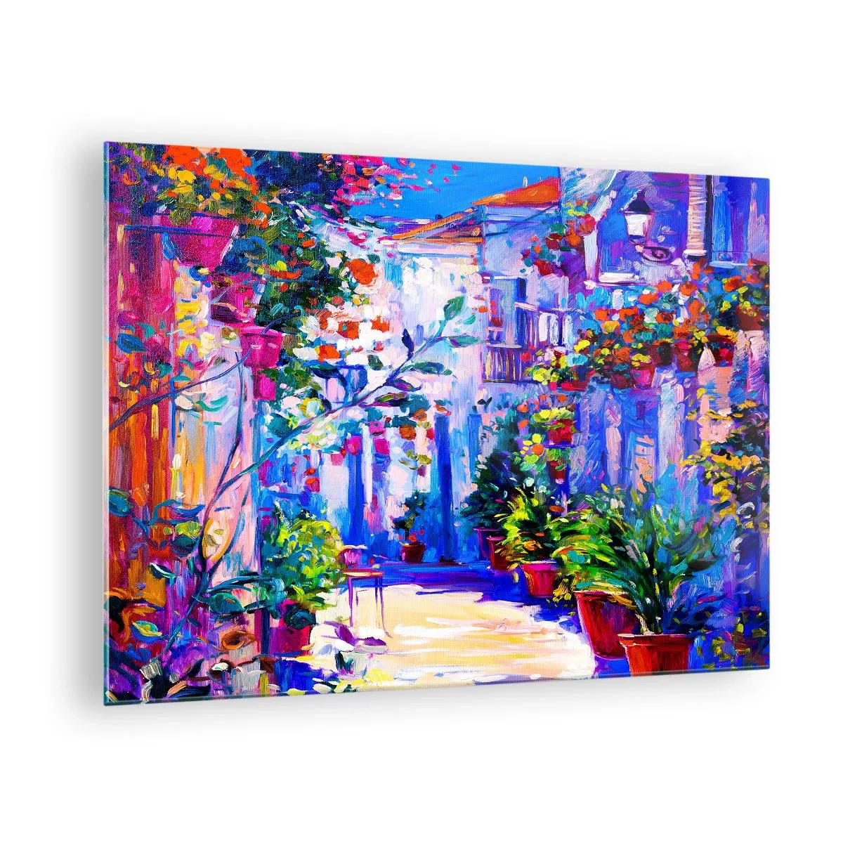 Obraz na skle - Barevná ulice s kvetoucími rostlinami a světlem - 70x50cm - Imprese - italská ulička - Moderní nástěnná dekorace do obývacího pokoje a ložnice ARTTOR