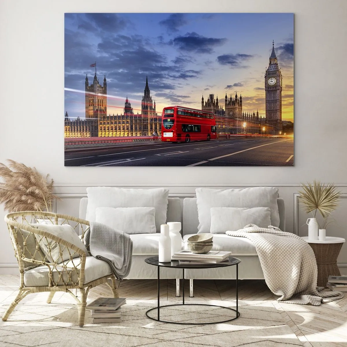 Obraz na skle - Big Ben a červený autobus v Londýně při západu slunce - 70x50cm - Zvláštní znaky - Moderní nástěnná dekorace do obývacího pokoje a ložnice ARTTOR