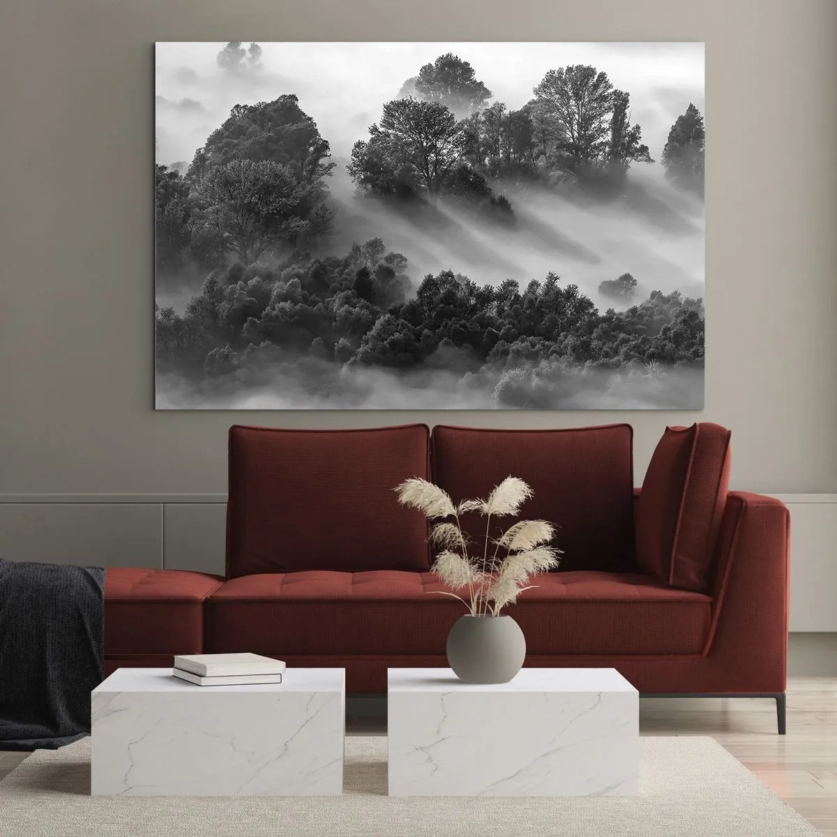 Obraz na skle - Mlžný les na slunci v černé a bílé - 70x50cm - Probouzení ze spánku - Moderní nástěnná dekorace do obývacího pokoje a ložnice ARTTOR