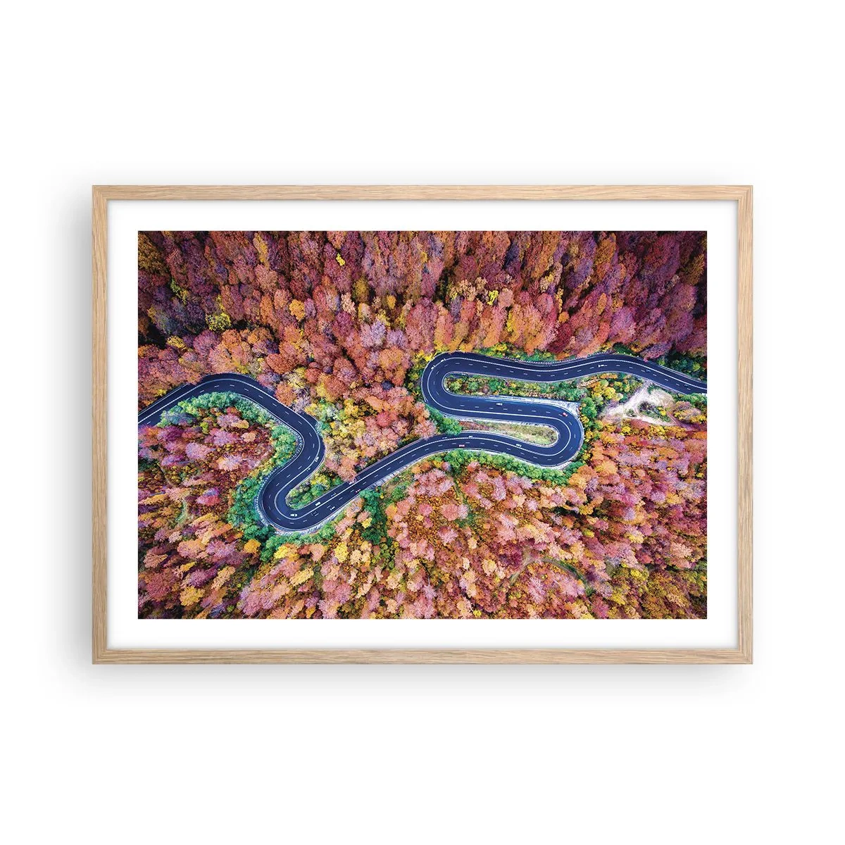 Plakát v rámu světlý dub - Klikatá cesta lesem - 70x50 cm