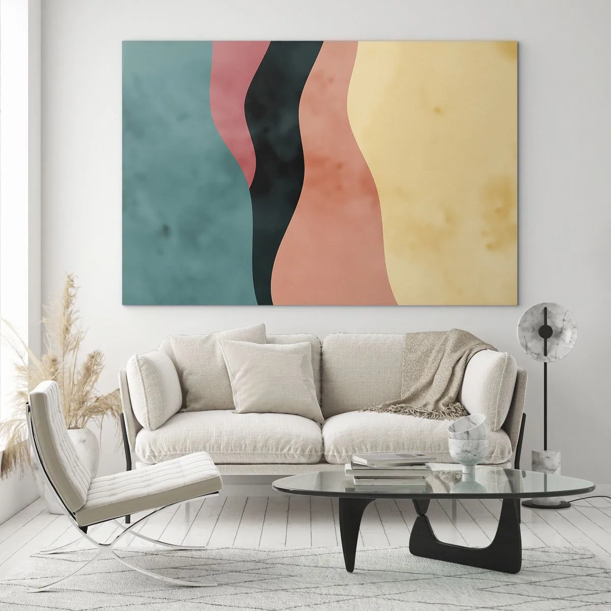 Obraz na skle - Barevné vlny v odstínech zelené, růžové, černé a béžové - 70x50cm - Kompatibilní nesoulad - Moderní nástěnná dekorace do obývacího pokoje a ložnice ARTTOR