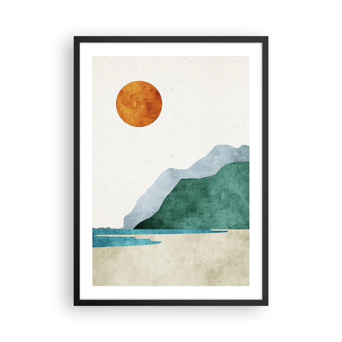 Plakát v černém rámu - Minimalistická horská krajina s pláží a sluncem - 50x70cm - Prostě ideální krajina - Moderní nástěnná dekorace do obývacího pokoje a ložnice ARTTOR
