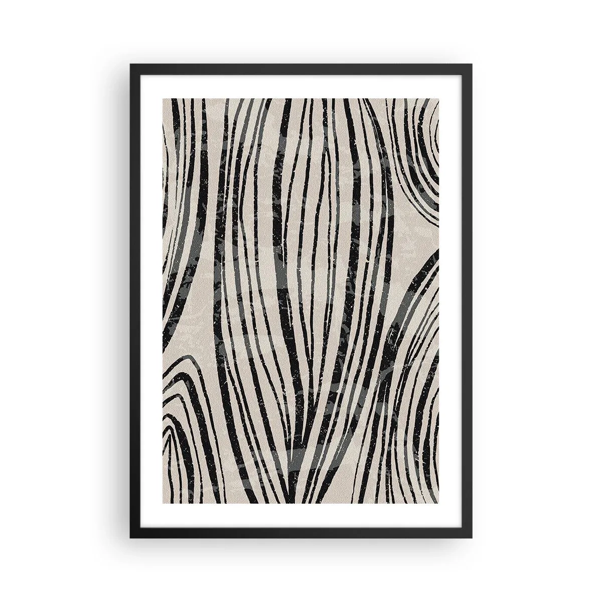Plakát v černém rámu - Abstraktní černé čáry na béžovém pozadí - 50x70cm - Močál s liniemi - Moderní nástěnná dekorace do obývacího pokoje a ložnice ARTTOR