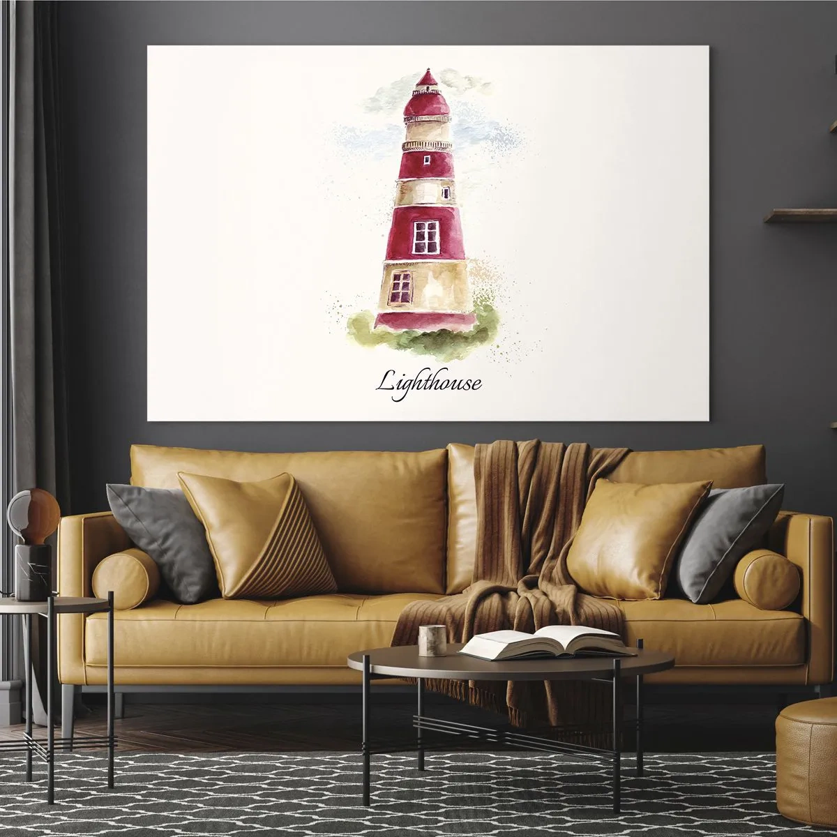 Obraz na skle - Akvarelový maják s nápisem maják - 70x50cm - Tady je vždy počasí - Moderní nástěnná dekorace do obývacího pokoje a ložnice ARTTOR