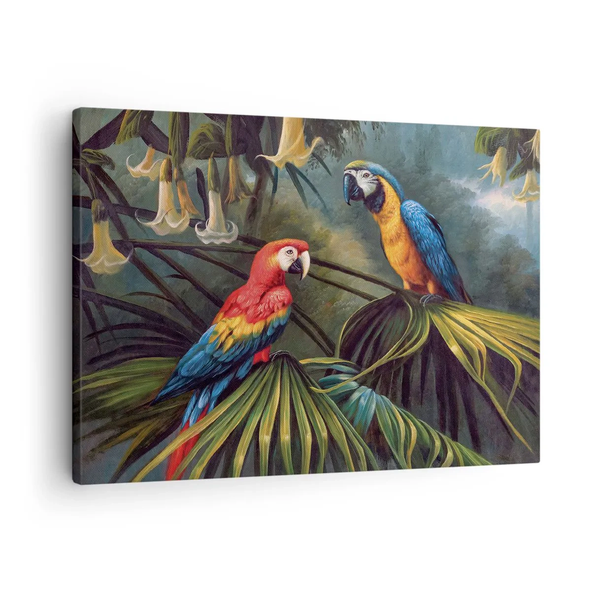 Obraz na plátně - Papoušci v tropickém lese s exotickými květinami v pozadí - 70x50cm - Romantismus v tropech - Moderní nástěnná dekorace do obývacího pokoje a ložnice ARTTOR