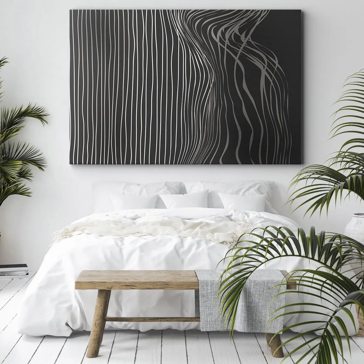Obraz na plátně - Bílé čáry na tmavě šedém pozadí v abstraktním uspořádání - 70x50cm - Rytmus a přízvuk - Moderní nástěnná dekorace do obývacího pokoje a ložnice ARTTOR