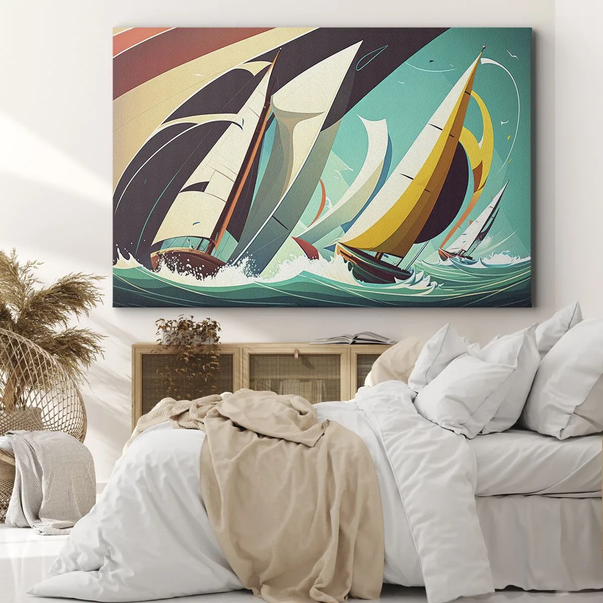 Obraz na plátně - Dynamická ilustrace plachetnic v rozbouřeném moři. - 70x50cm - Jak vycházet s živly - Moderní nástěnná dekorace do obývacího pokoje a ložnice ARTTOR