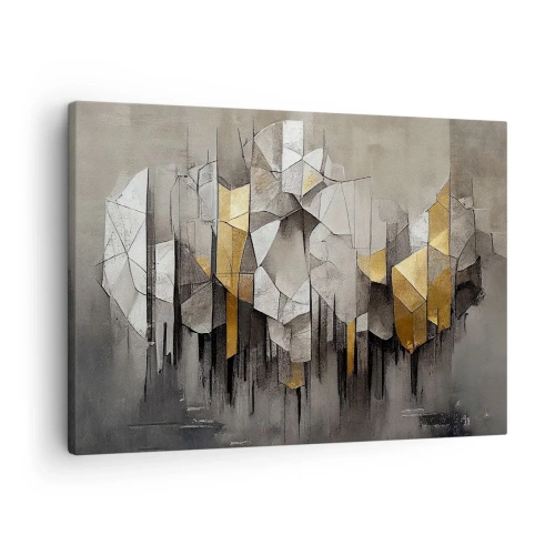 Obraz na plátně - Geometrická abstrakce v odstínech zlaté a šedé - 70x50cm - Kompozice z ledu a světla - Moderní nástěnná dekorace do obývacího pokoje a ložnice ARTTOR