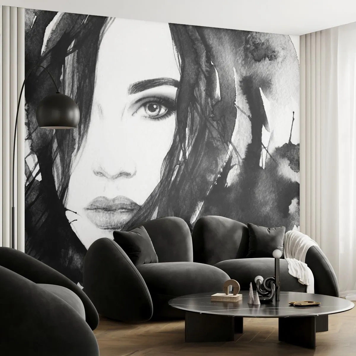 Fototapeta Samolepicí Deluxe Sticker - Portrét dámy v černé a bílé - Abstrakce, ženská tvář, Portrét - 250x175 cm