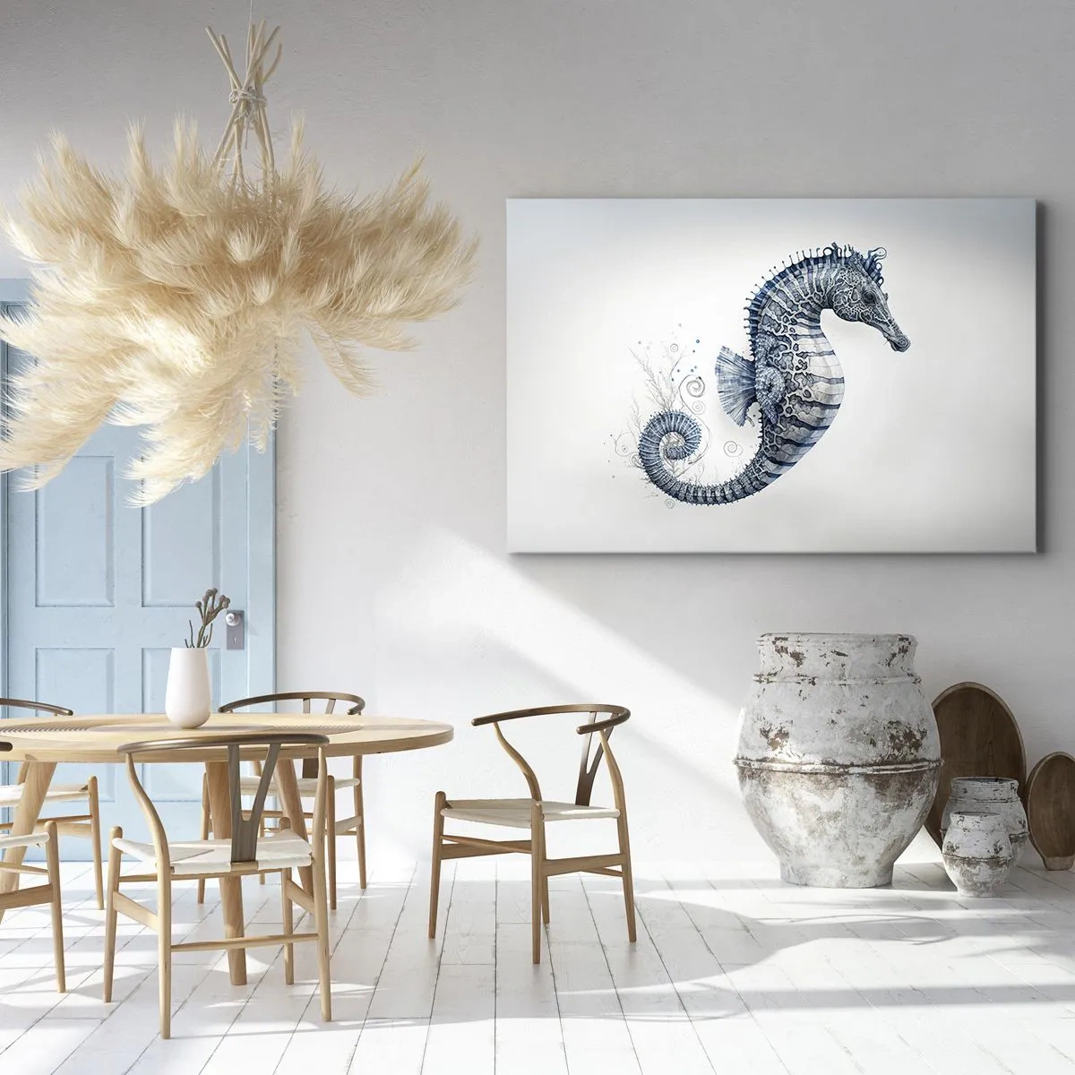 Obraz na plátně - Mořský koník v odstínech modré s akvarelovými detaily - 70x50cm - Jemný vtip přírody - Moderní nástěnná dekorace do obývacího pokoje a ložnice ARTTOR