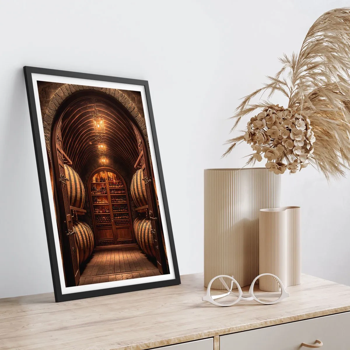 Plakát v černém rámu - Elegantní vinný sklep s dřevěnými sudy - 50x70cm - Nádherný sklep - Moderní nástěnná dekorace do obývacího pokoje a ložnice ARTTOR