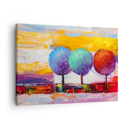 Obraz na plátně - Tři barevné stromy na abstraktním pozadí - 70x50cm - Do třetice všeho dobrého - Moderní nástěnná dekorace do obývacího pokoje a ložnice ARTTOR