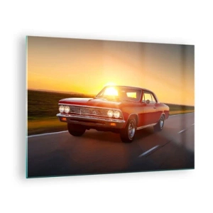 Obraz na skle - Červené klasické auto proti zapadajícímu slunci - 70x50cm - Touha má červenou barvu - Moderní nástěnná dekorace do obývacího pokoje a ložnice ARTTOR